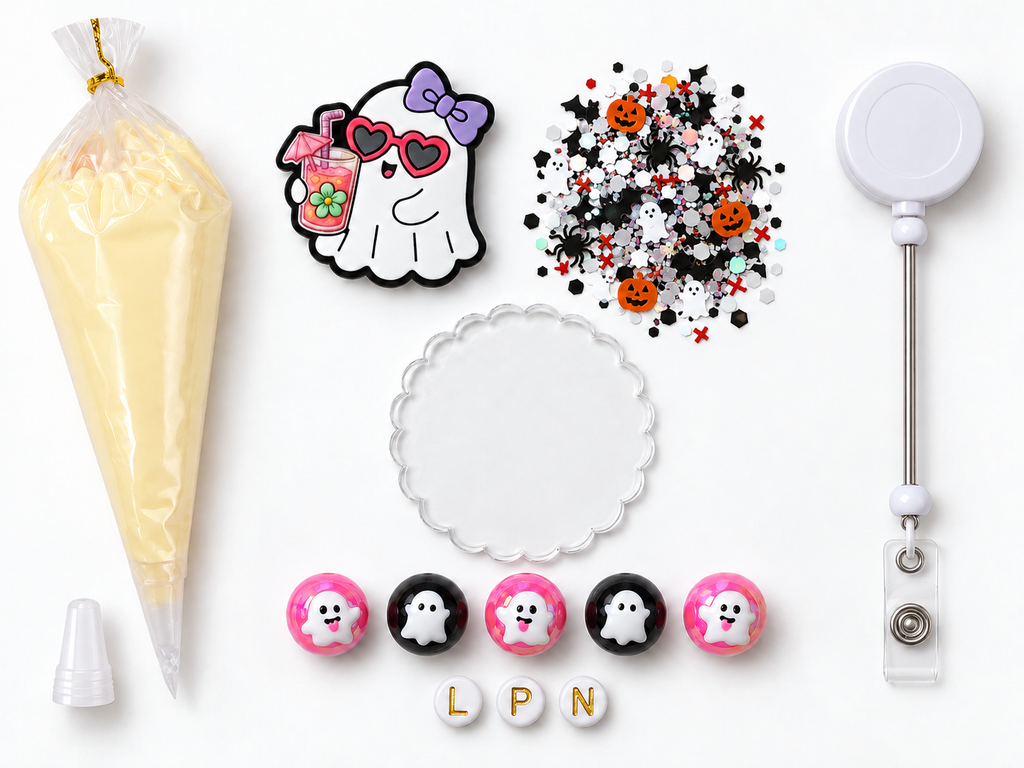 Tropical Ghost LPN Halloween decoden cream badge reel DIY kit contents