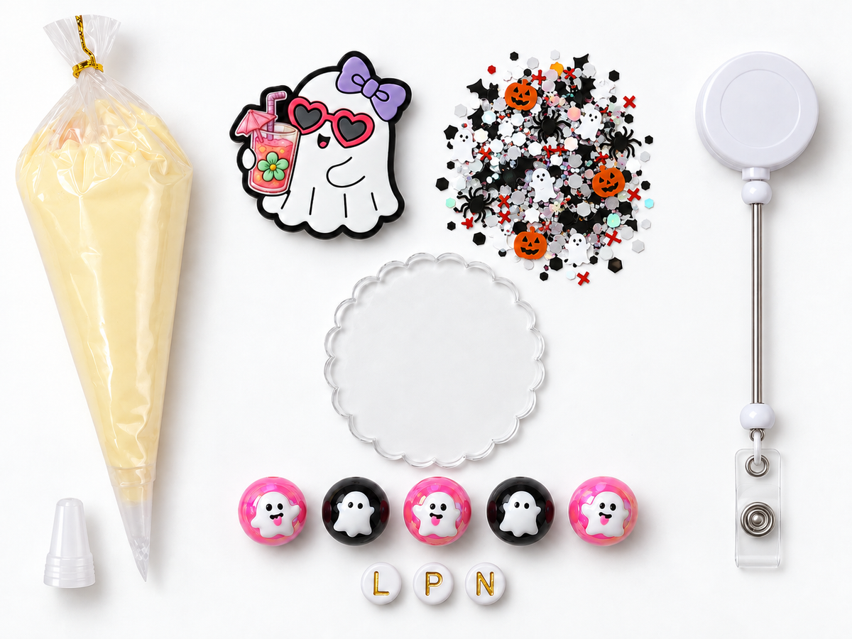 Tropical Ghost LPN Halloween decoden cream badge reel DIY kit contents