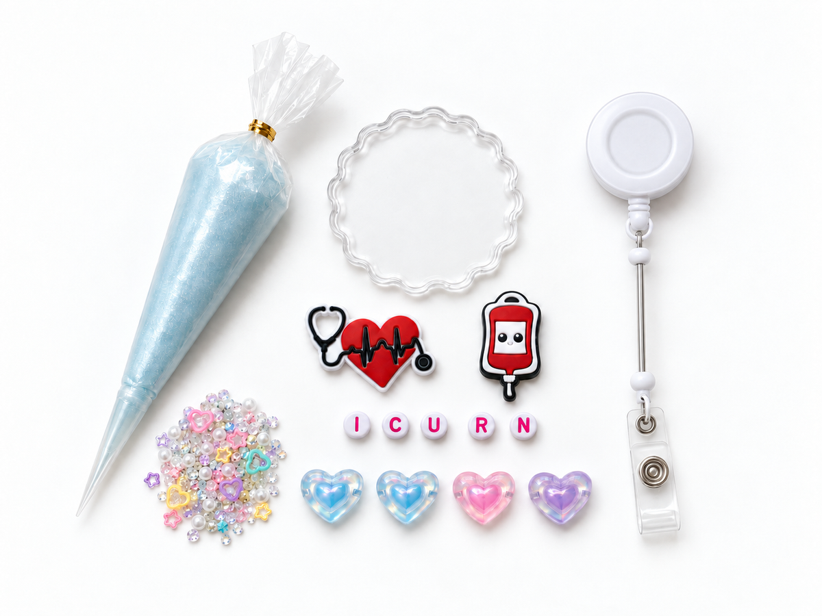ICU RN heartbeat DIY badge reel kit with charms, beads, sprinkles and blue cream glue
