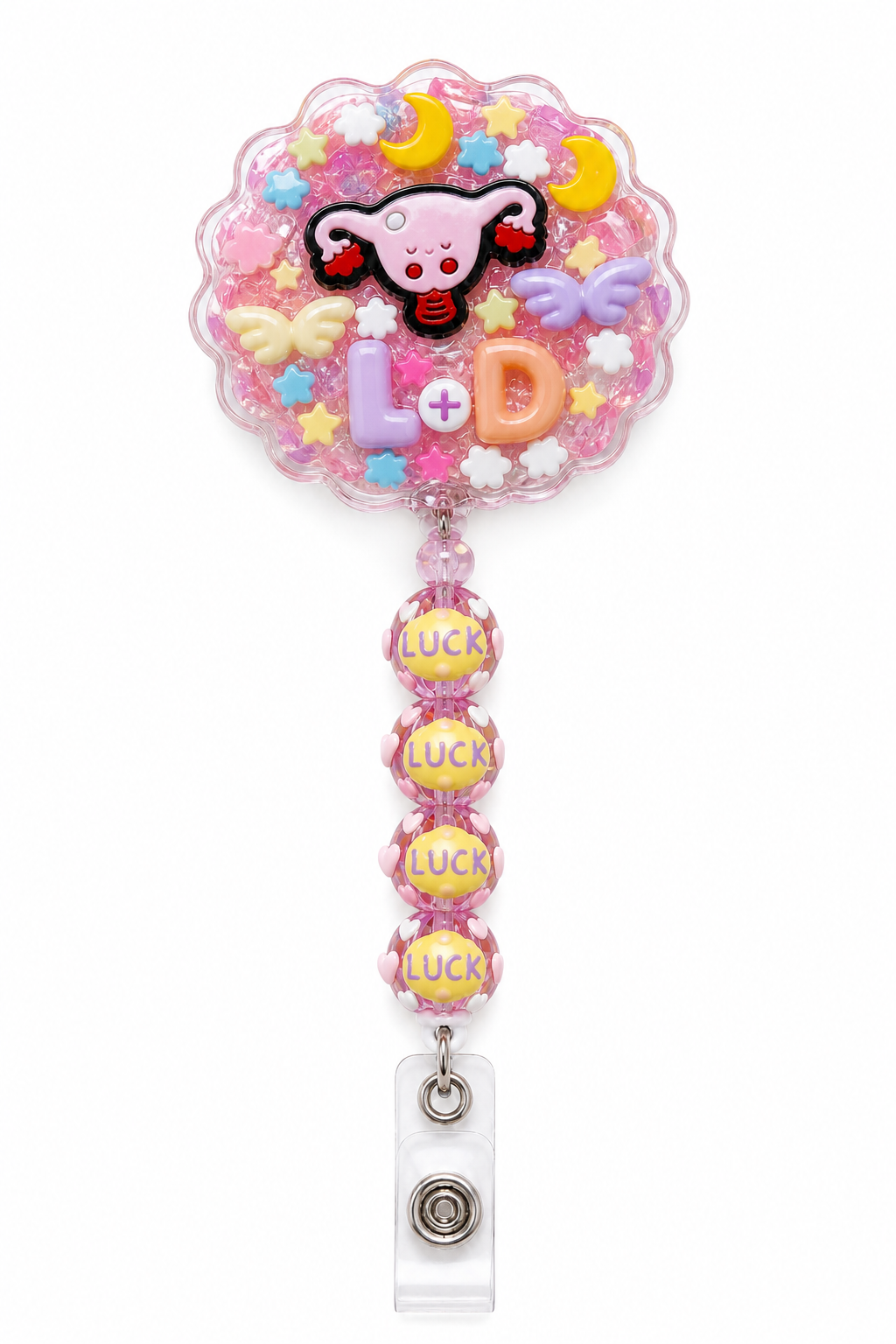 L+D Labor and Delivery decoden cream badge reel with uterus charm, pastel wings and LOVE beads on a pure white background