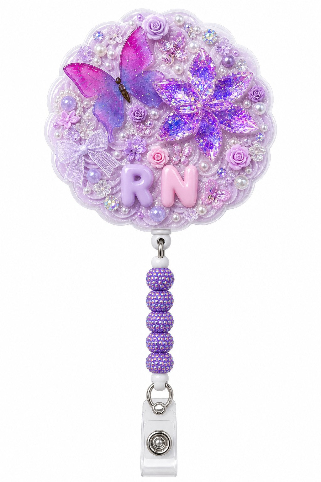 Lavender Butterfly RN decoden cream badge reel with purple butterfly and crystal flowers