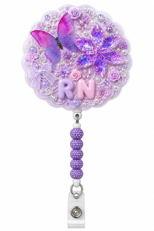 Lavender Butterfly RN decoden cream badge reel with purple butterfly and crystal flowers