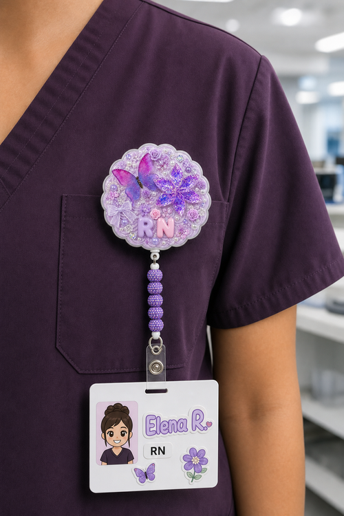 Lavender Butterfly RN badge reel worn on healthcare worker scrubs