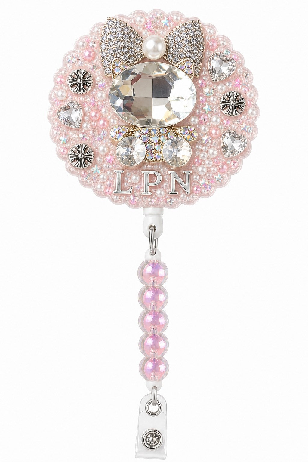 LPN Crystal Edition decoden cream badge reel with pink crystal beads