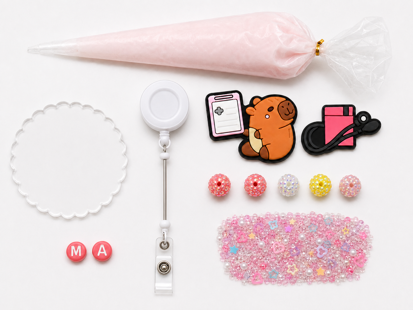 MA medical assistant DIY badge reel kit with capybara, clipboard, stethoscope, letters, five pastel rhinestone beads, pink filler and cream glue