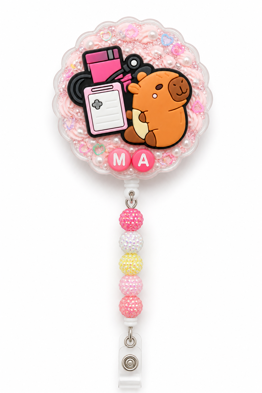 MA medical assistant decoden cream badge reel with cute capybara, clipboard, stethoscope and five pastel rhinestone beads