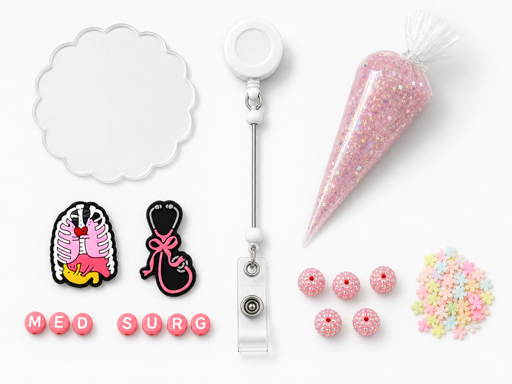 MED SURG anatomy DIY badge reel kit with ribcage and stethoscope charms, letters, pink rhinestone beads, pastel flower fillers and pink glitter cream glue
