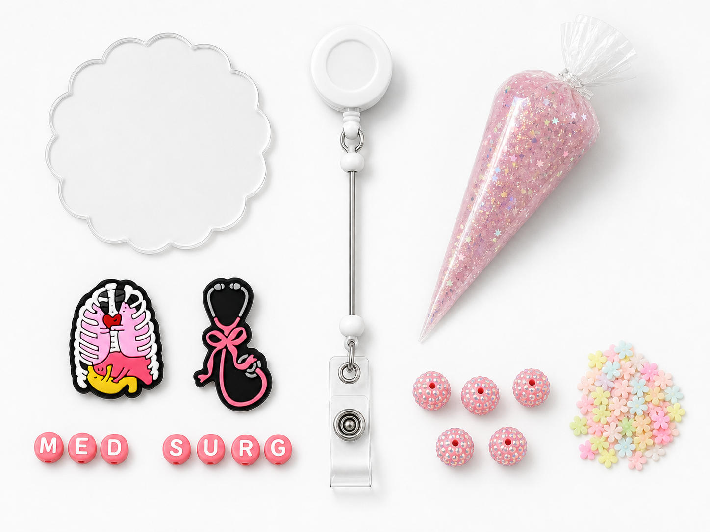 MED SURG anatomy DIY badge reel kit with ribcage and stethoscope charms, letters, pink rhinestone beads, pastel flower fillers and pink glitter cream glue