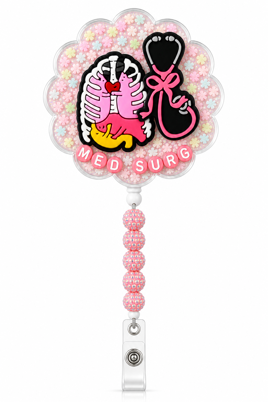 MED SURG anatomy decoden cream badge reel with ribcage and stethoscope charms, pastel flowers and pink rhinestone beads on a pure white background