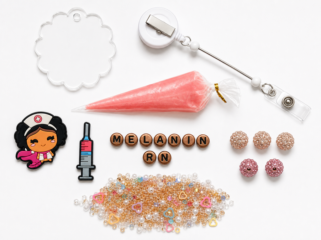 MELANIN RN DIY badge reel kit with Black superhero nurse charm, syringe, letters, coral cream glue, pearl heart filler and five rhinestone beads