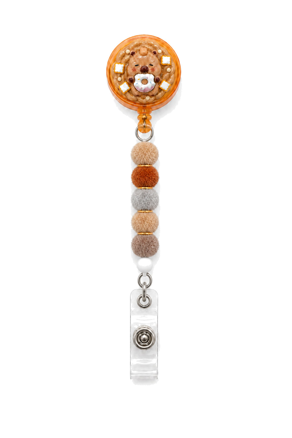Mini CAPY CAFE capybara donut decoden badge reel with neutral pom-pom beads on a pure white background