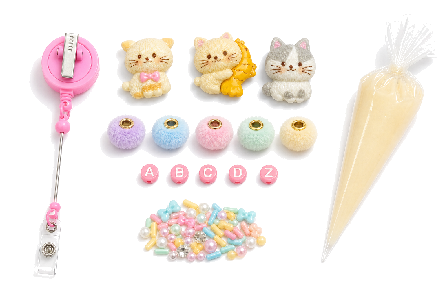 Mini CNA cat and banana DIY badge reel kit with pink default reel, cat charms, letters, pastel pom-pom beads, filler and cream glue on a pure white background