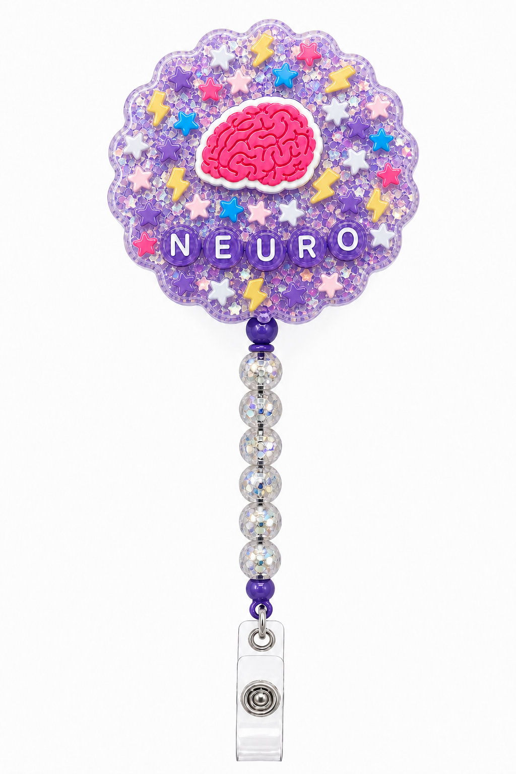 NEURO brain decoden cream badge reel with purple glitter, colorful stars and crystal bead stack on a pure white background