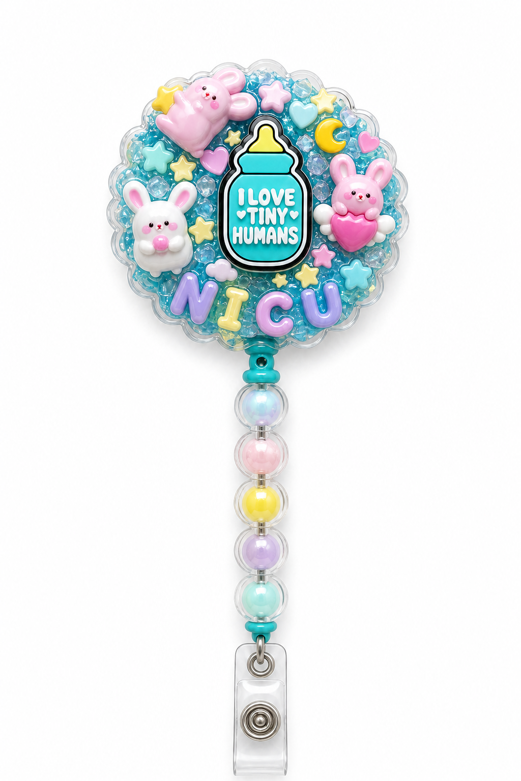 NICU RN Tiny Humans decoden cream badge reel with baby bottle charm, pastel bunnies and clear pastel beads on a pure white background