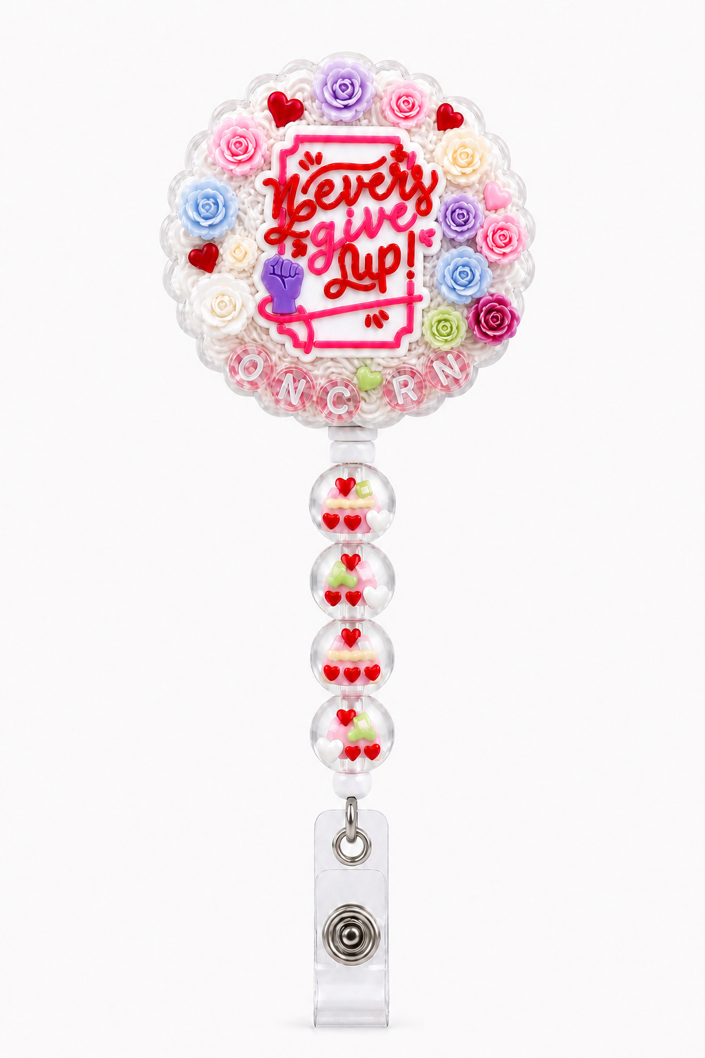Never Give Up ONC RN oncology nurse decoden cream badge reel with pastel roses and heart beads on a pure white background