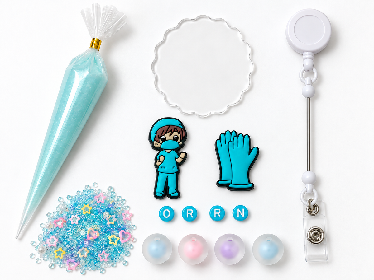 OR RN surgical gloves DIY badge reel kit with charms, beads, sprinkles and blue cream glue