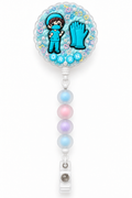OR RN surgical gloves decoden cream badge reel on a white background