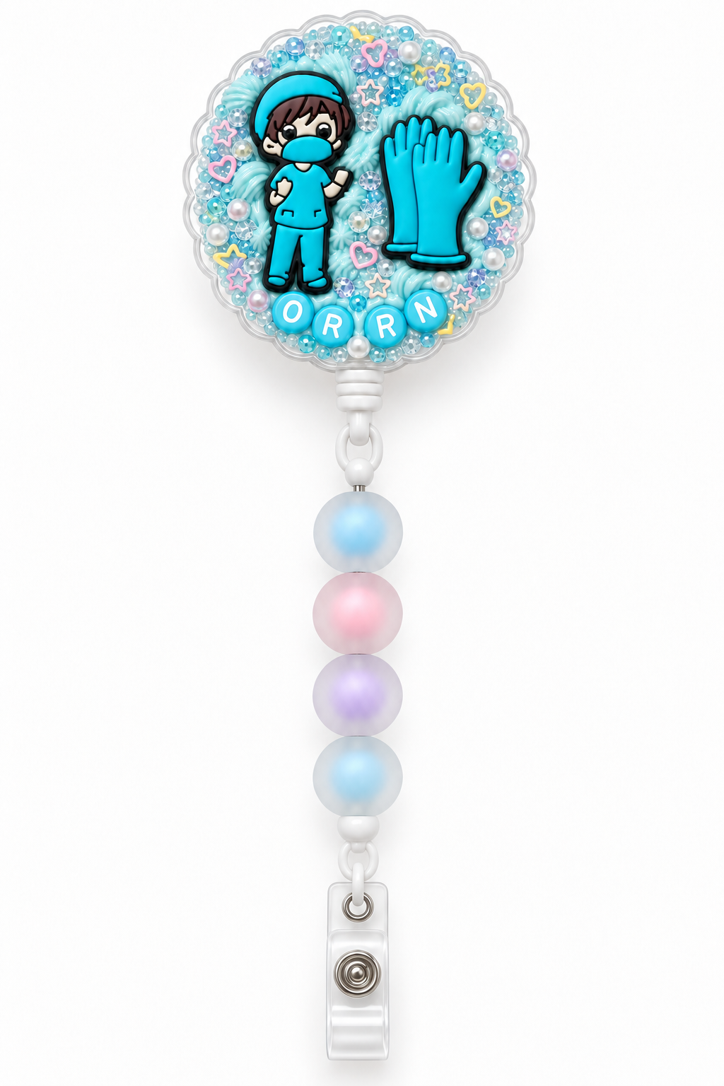 OR RN surgical gloves decoden cream badge reel on a white background
