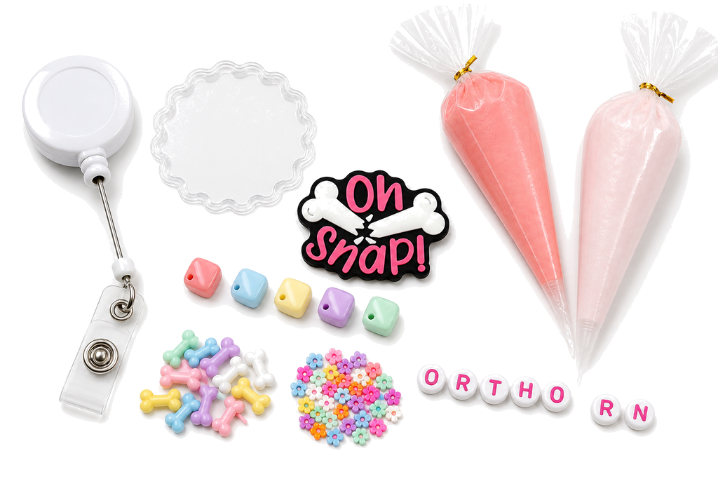 OH SNAP ORTHO RN DIY badge reel kit with broken bone charm, ORTHO RN letters, pastel bones, flowers, square beads, reel and two cream colors on a pure white background