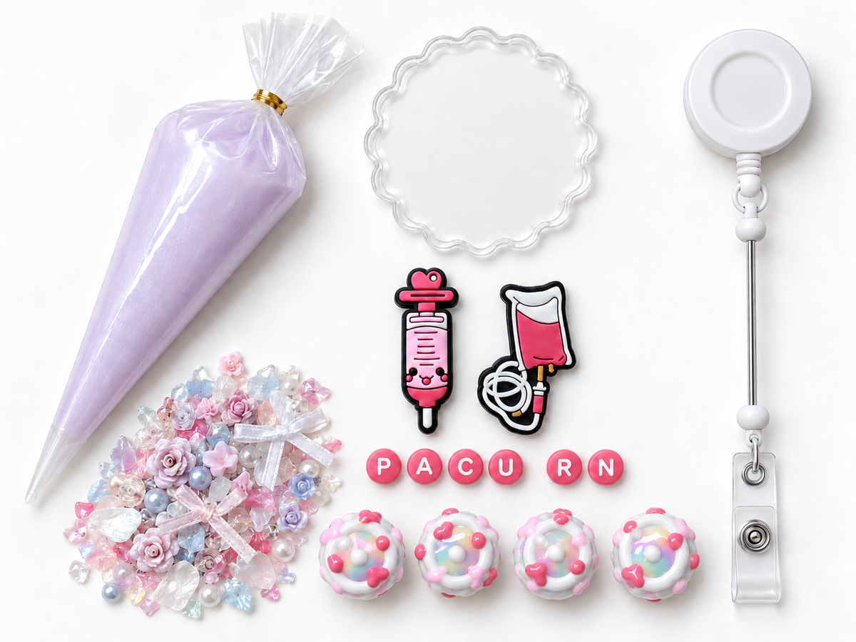 PACU RN IV floral DIY badge reel kit with charms, beads, floral mix and lavender cream glue