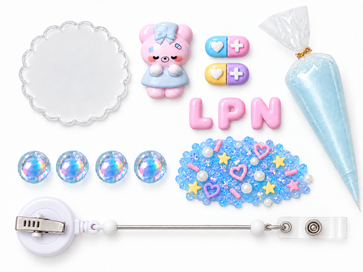 Pastel Medic Bear LPN decoden cream badge reel DIY kit contents