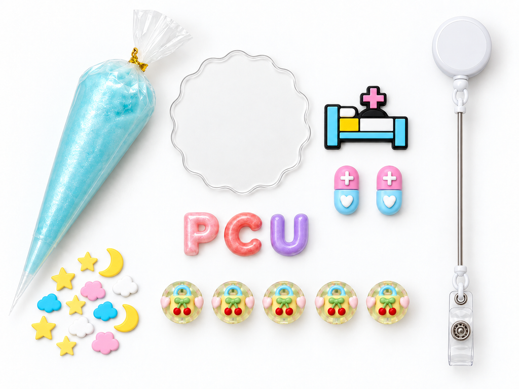 PCU night shift DIY badge reel kit with hospital bed charm, pill charms, beads and blue cream glue