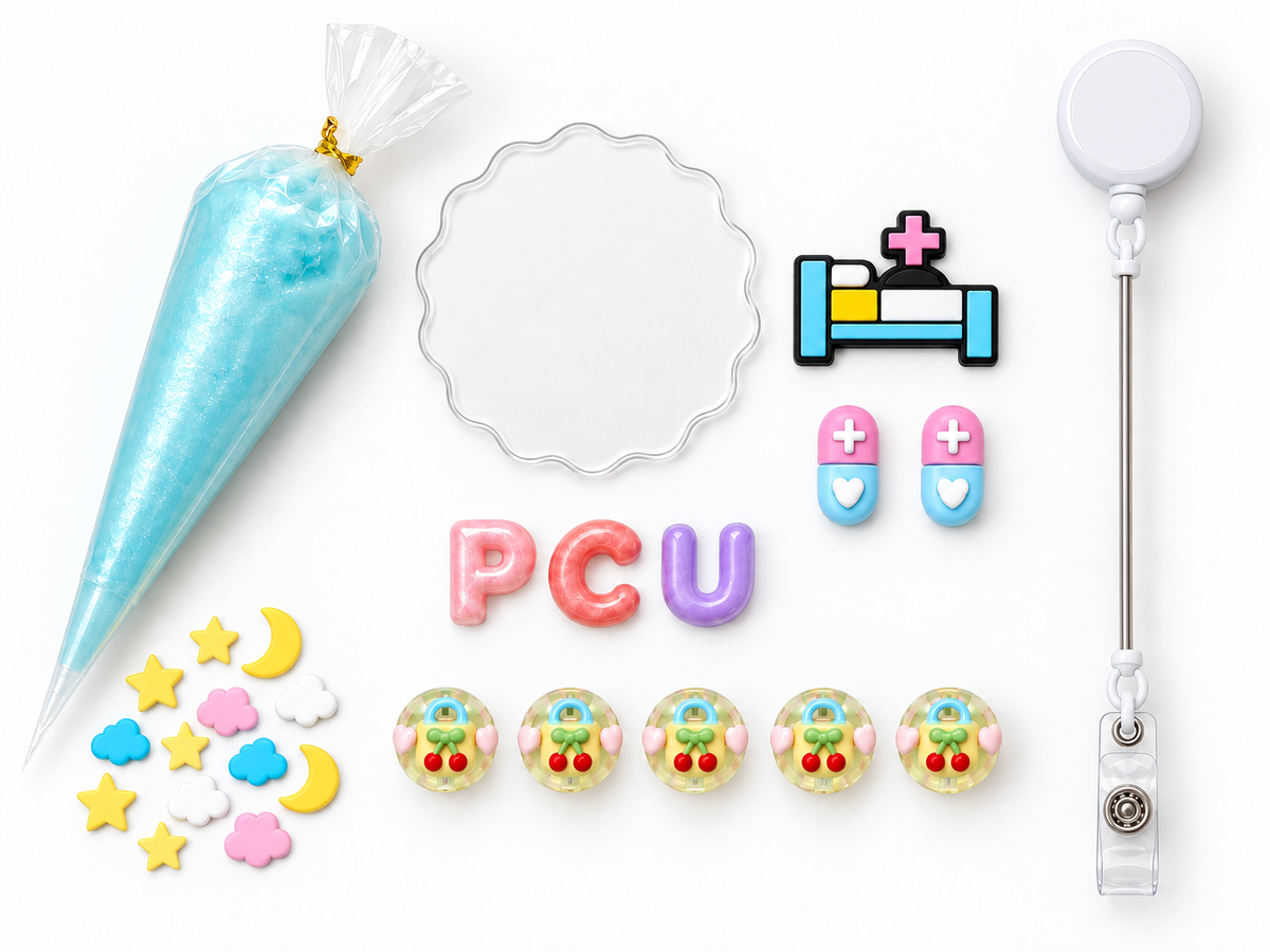 PCU night shift DIY badge reel kit with hospital bed charm, pill charms, beads and blue cream glue