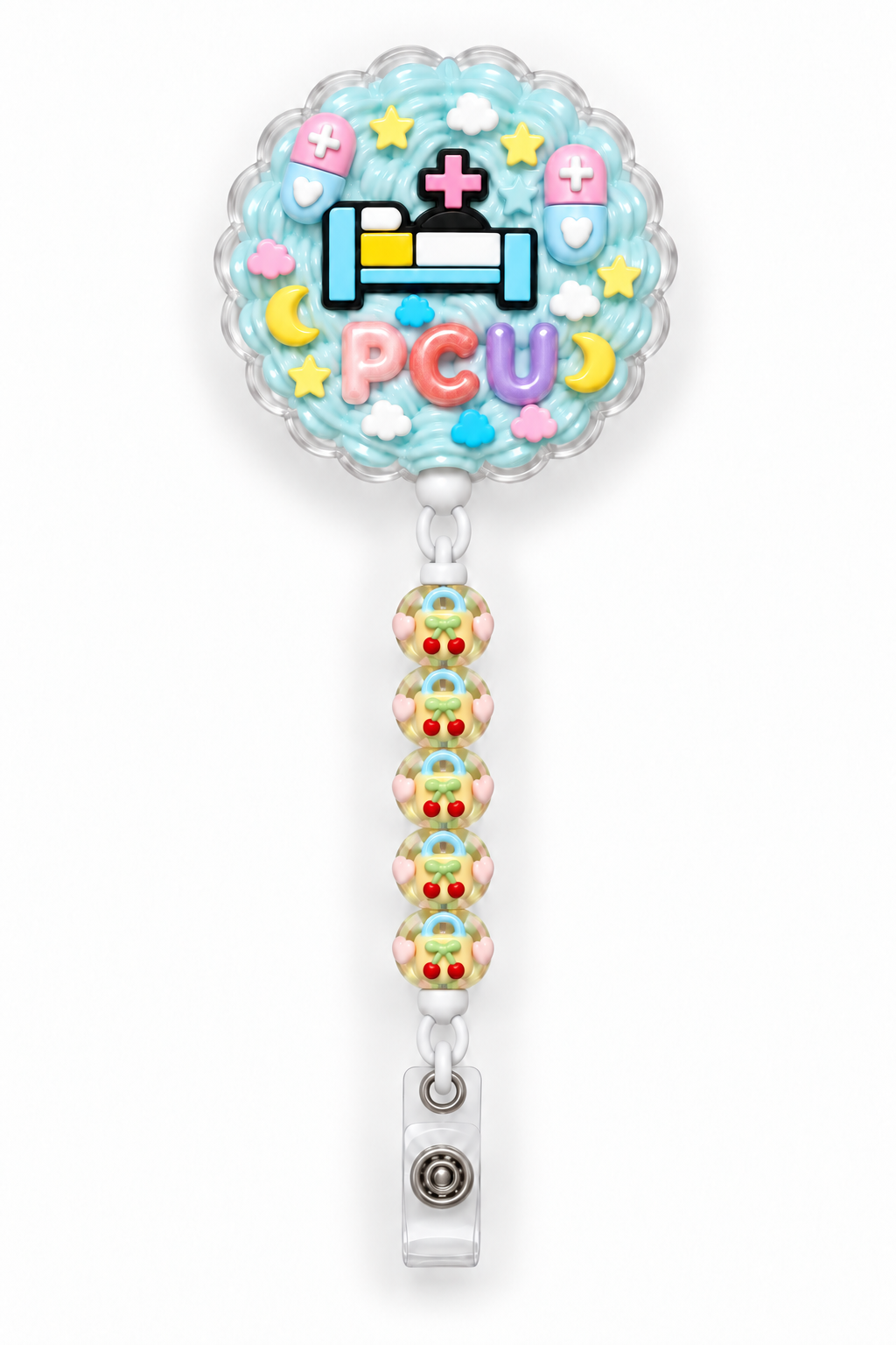 PCU night shift decoden cream badge reel on a white background
