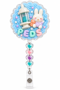 PEDS Bunny Care badge reel finished design with pastel large letters and four clear heart beads