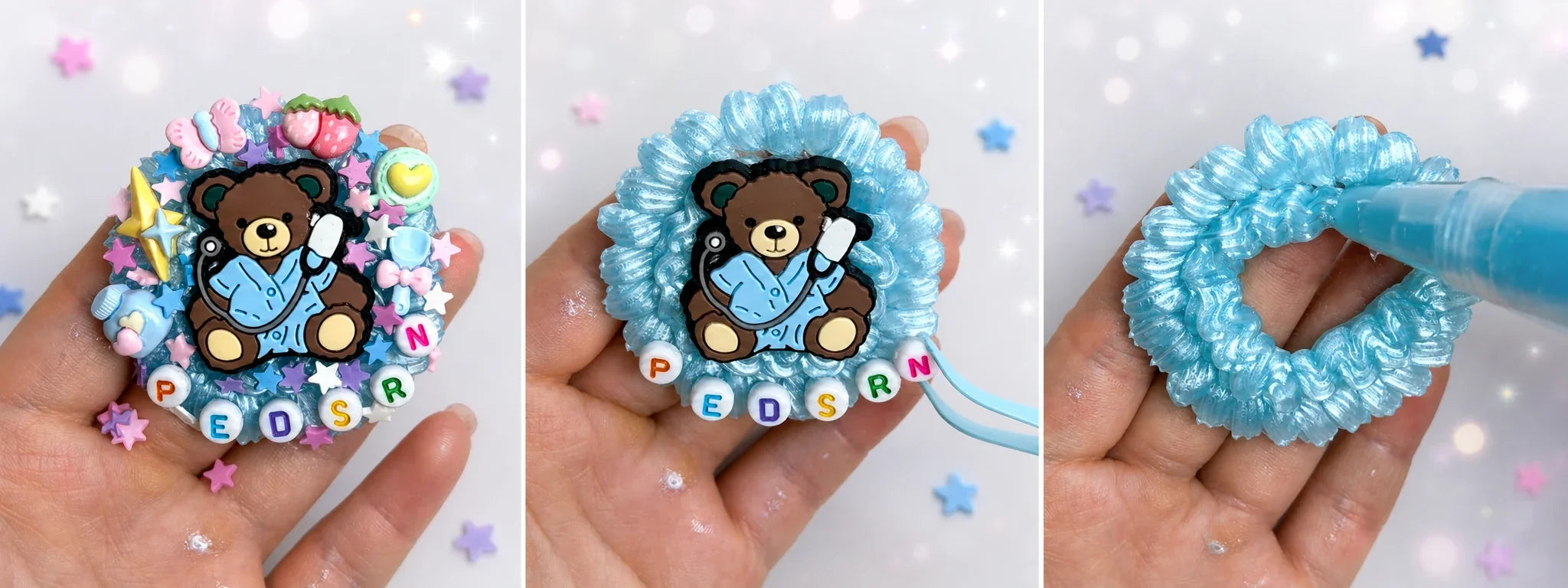 PEDS RN decoden badge reel handmade process showing blue cream piping, teddy bear charm placement and the finished design
