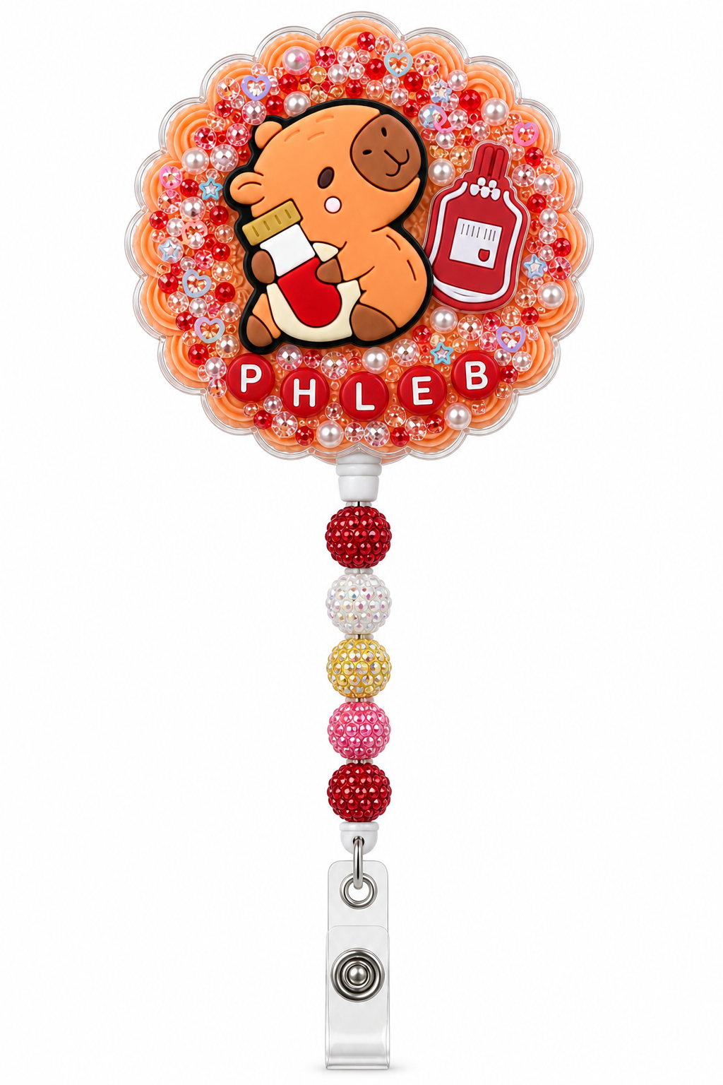 PHLEB phlebotomy decoden cream badge reel with cute capybara holding a sample tube, blood bag charm and five rhinestone beads