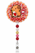 PHLEB phlebotomy decoden cream badge reel with cute capybara holding a sample tube, blood bag charm and five rhinestone beads