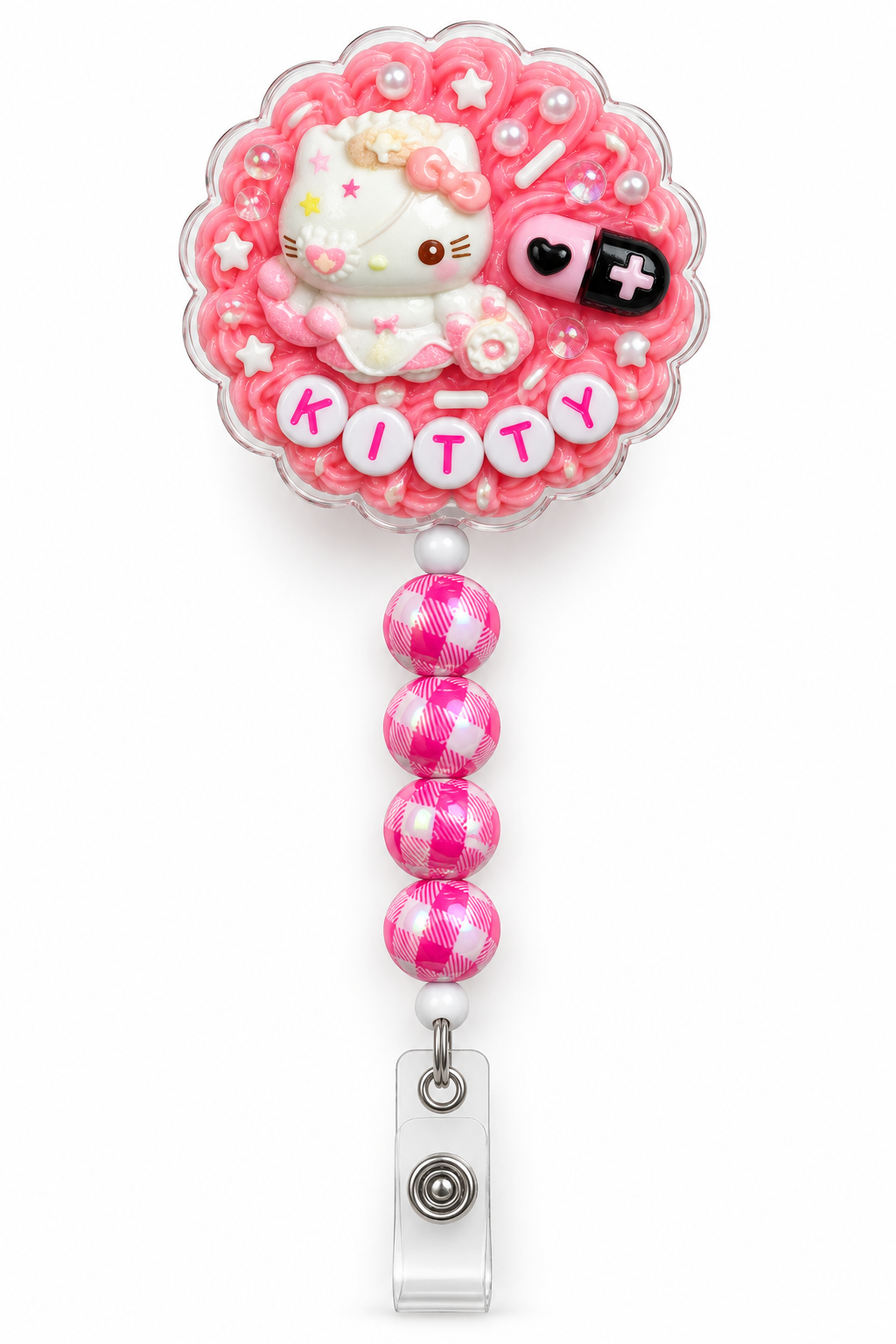 Pink Kitty Care badge reel finished product