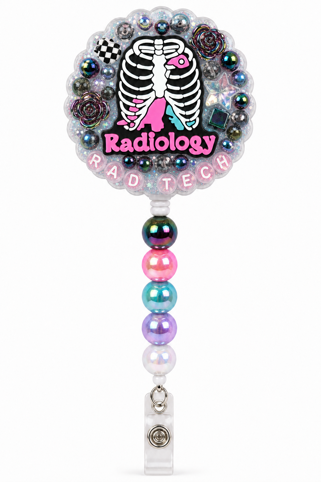 Radiology RAD TECH badge reel with skeleton charm, silver glitter decoden base, dark iridescent accents and pastel beads