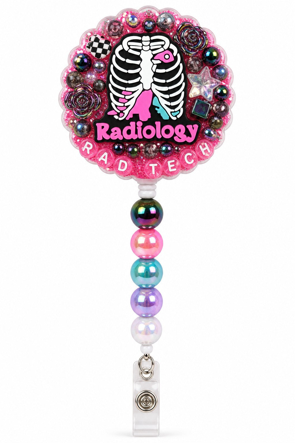 Radiology RAD TECH decoden cream badge reel with skeleton charm, pink glitter, dark iridescent accents, and pastel beads