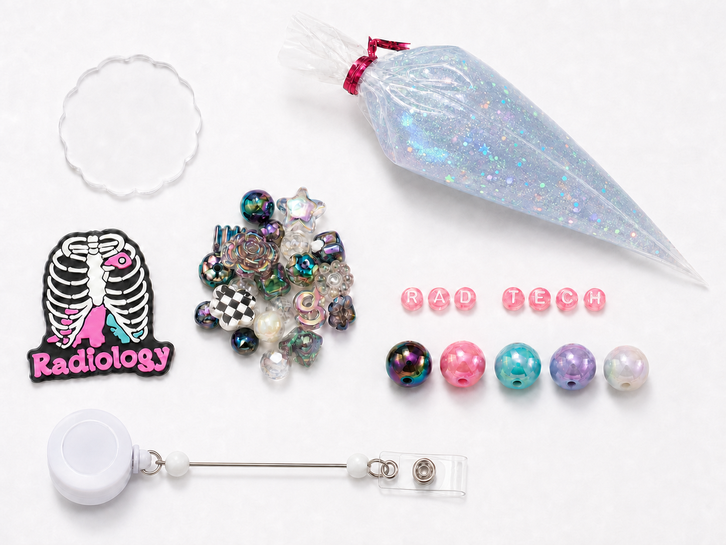 Radiology RAD TECH DIY badge reel kit with skeleton charm, RAD TECH letters, beads, embellishments, retractable reel and silver glitter cream glue