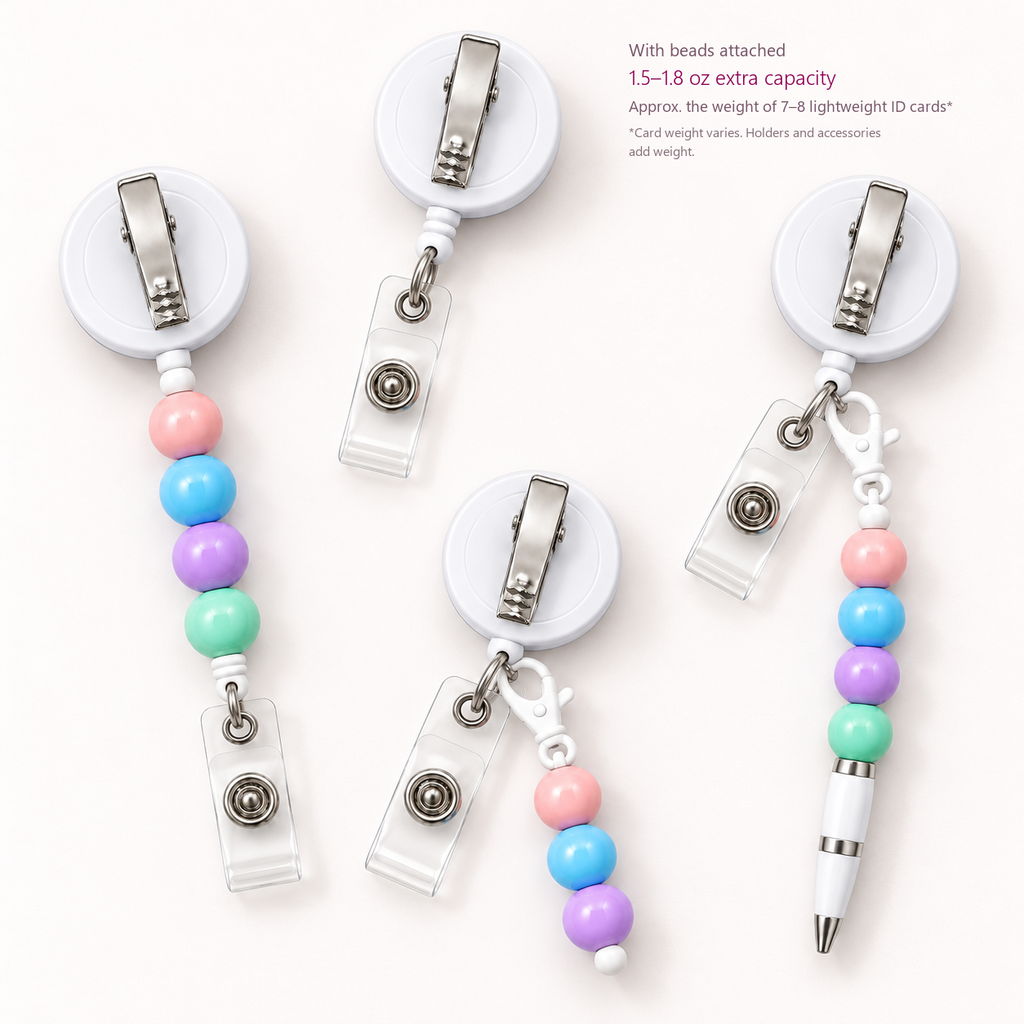 Four badge reel styles with tested 1.5–1.8 oz extra capacity after beads are attached