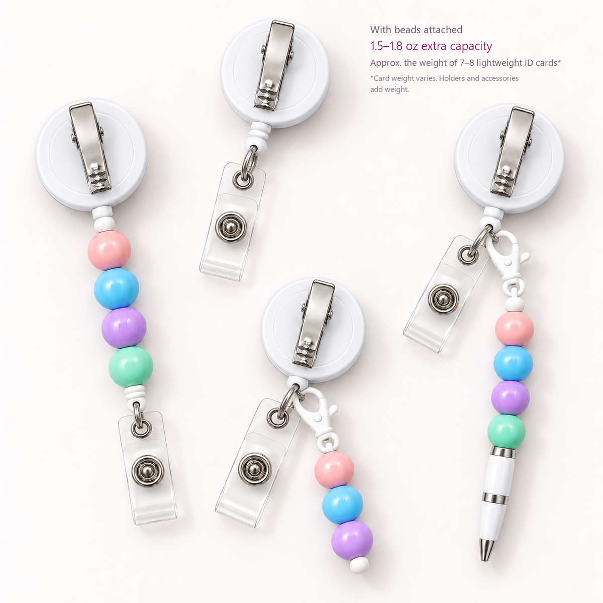Four badge reel styles with tested 1.5–1.8 oz extra capacity after beads are attached