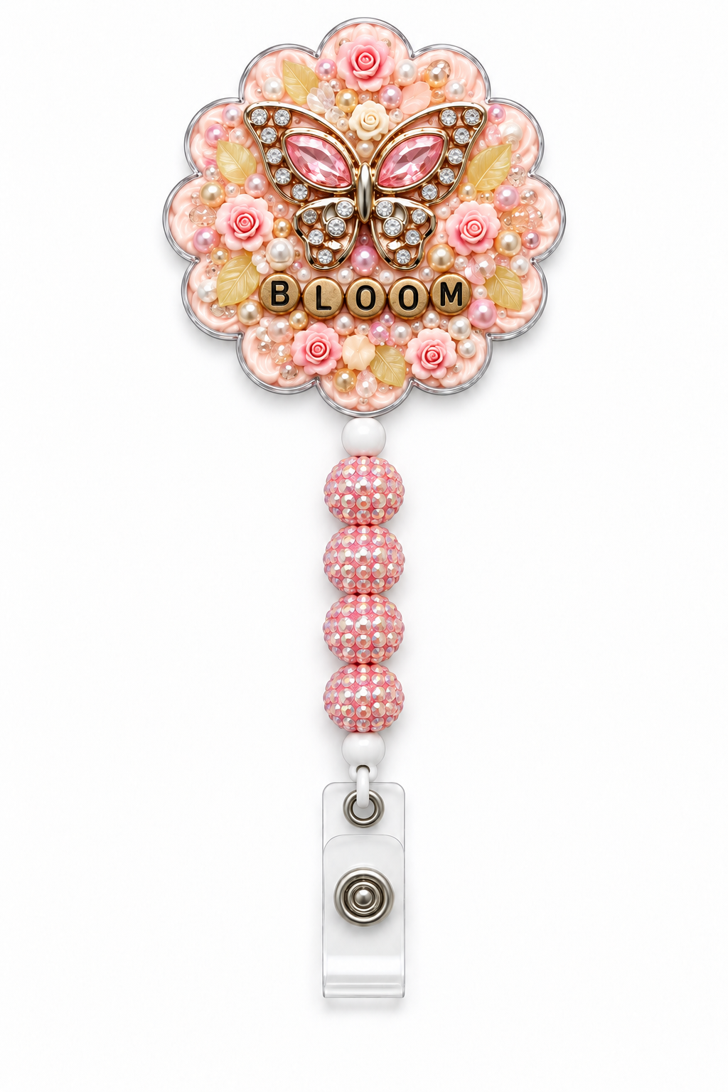 Peach BLOOM badge reel with jeweled butterfly, roses, gold round letters and pink rhinestone beads