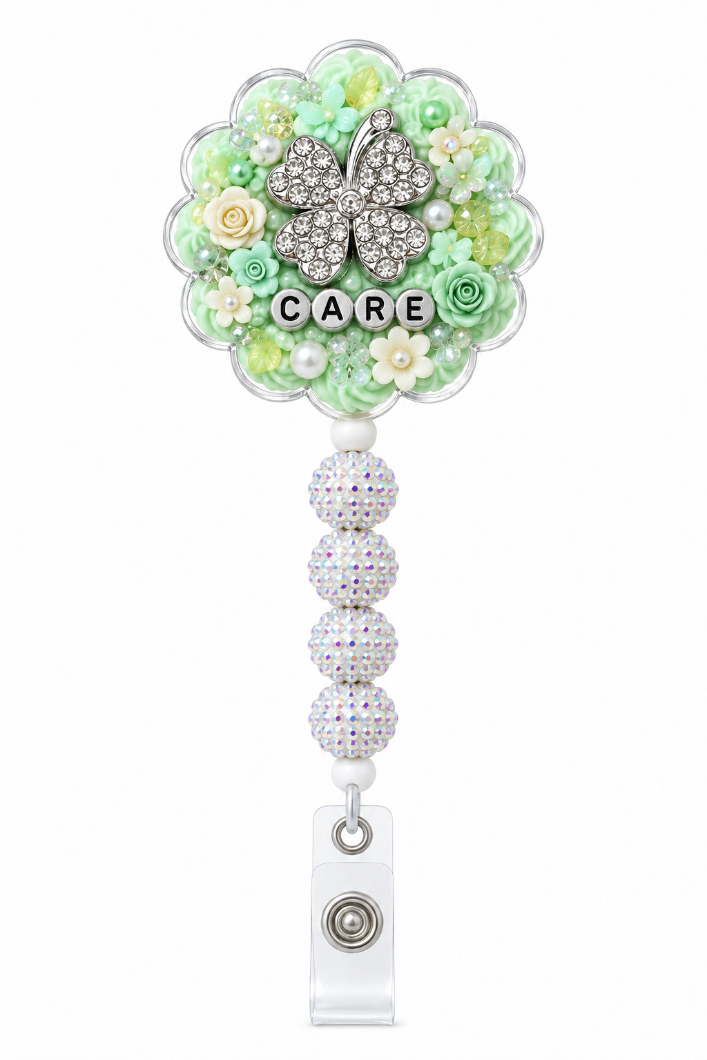 CARE mint clover badge reel with silver jeweled clover, four silver round letter beads and four white iridescent rhinestone stem beads