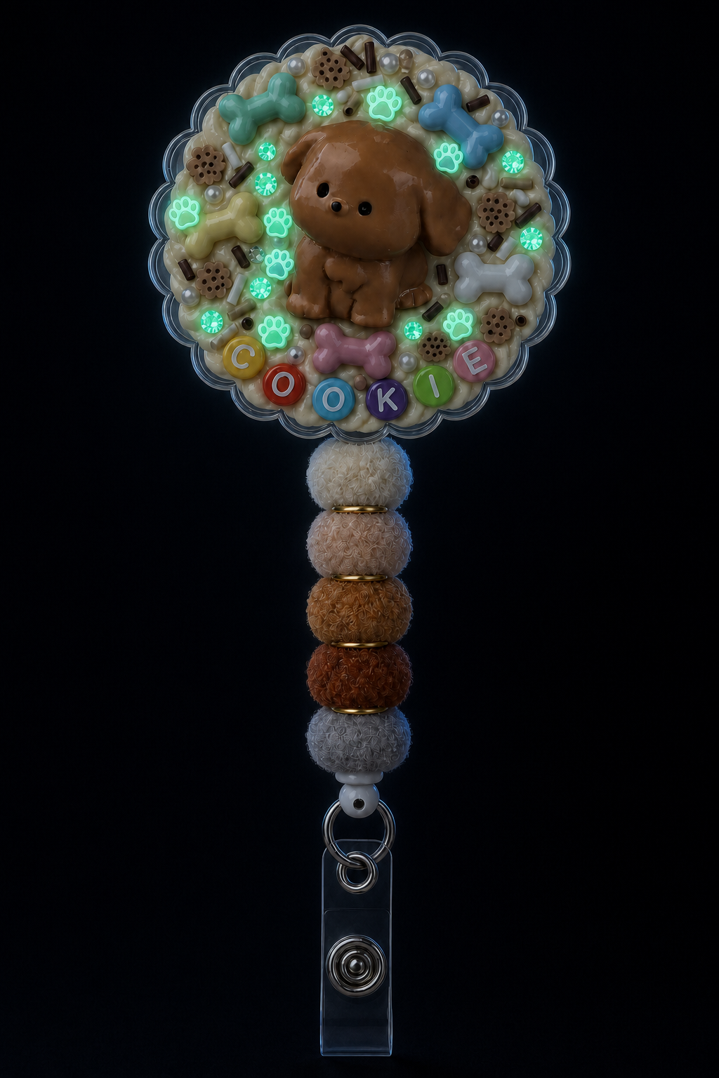 COOKIE puppy decoden badge reel glow-in-the-dark effect