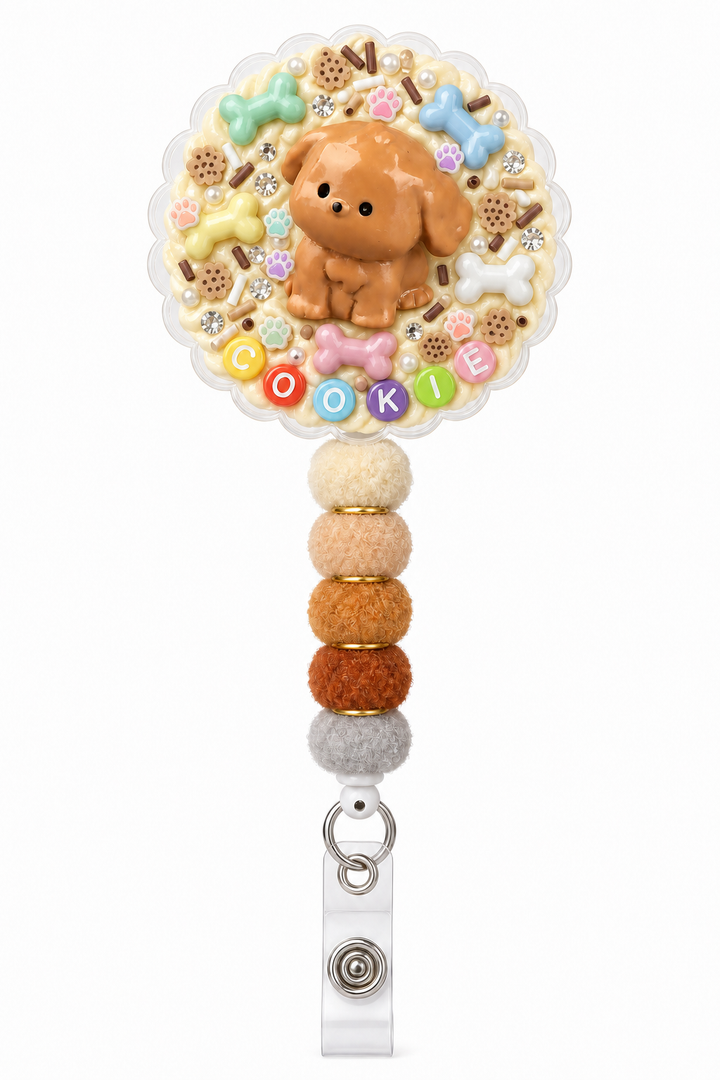 Decoden Cream Badge Reel — COOKIE Puppy Glow Edition