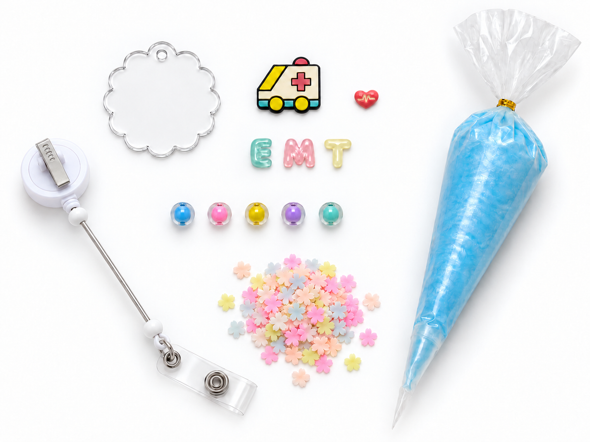 Decoden Cream Badge Reel — EMT Ambulance Blooms Edition — DIY kit contents