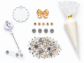 Gold pearl bow DIY badge reel kit flatlay with ivory cream, NURSE gold round letter beads and four silver rhinestone beads