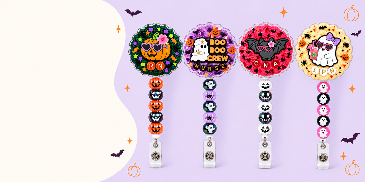 Four handmade Halloween badge reels: pumpkin RN, Boo Boo Crew nurse, bat CNA and ghost LPN.