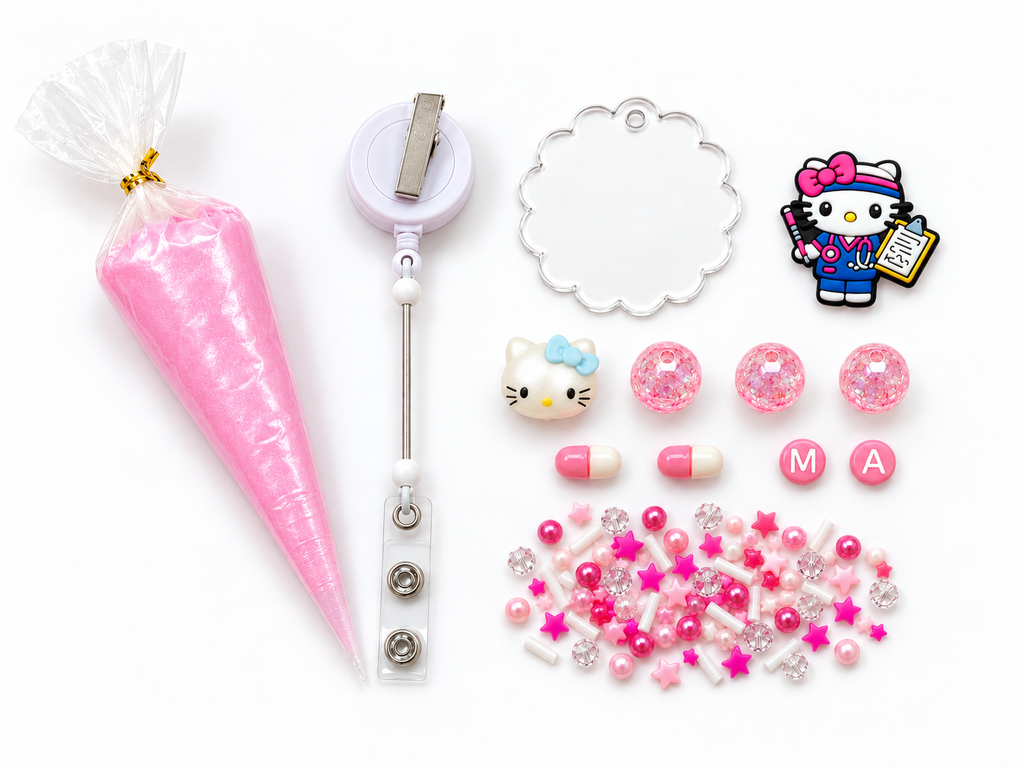 Pink MA Kitty DIY badge reel kit contents