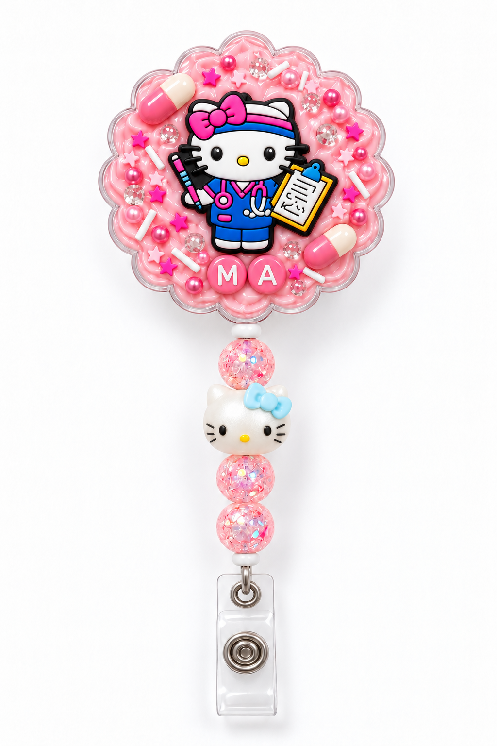 Pink MA Kitty badge reel with three pink glitter beads and blue-bow Kitty bead