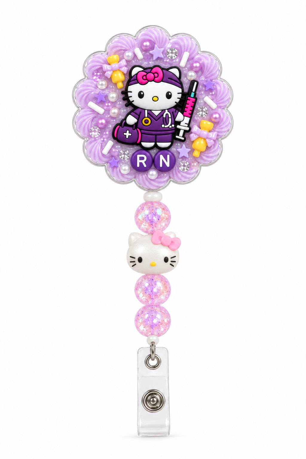 Lavender RN Kitty badge reel with three glitter beads and pink-bow Kitty bead
