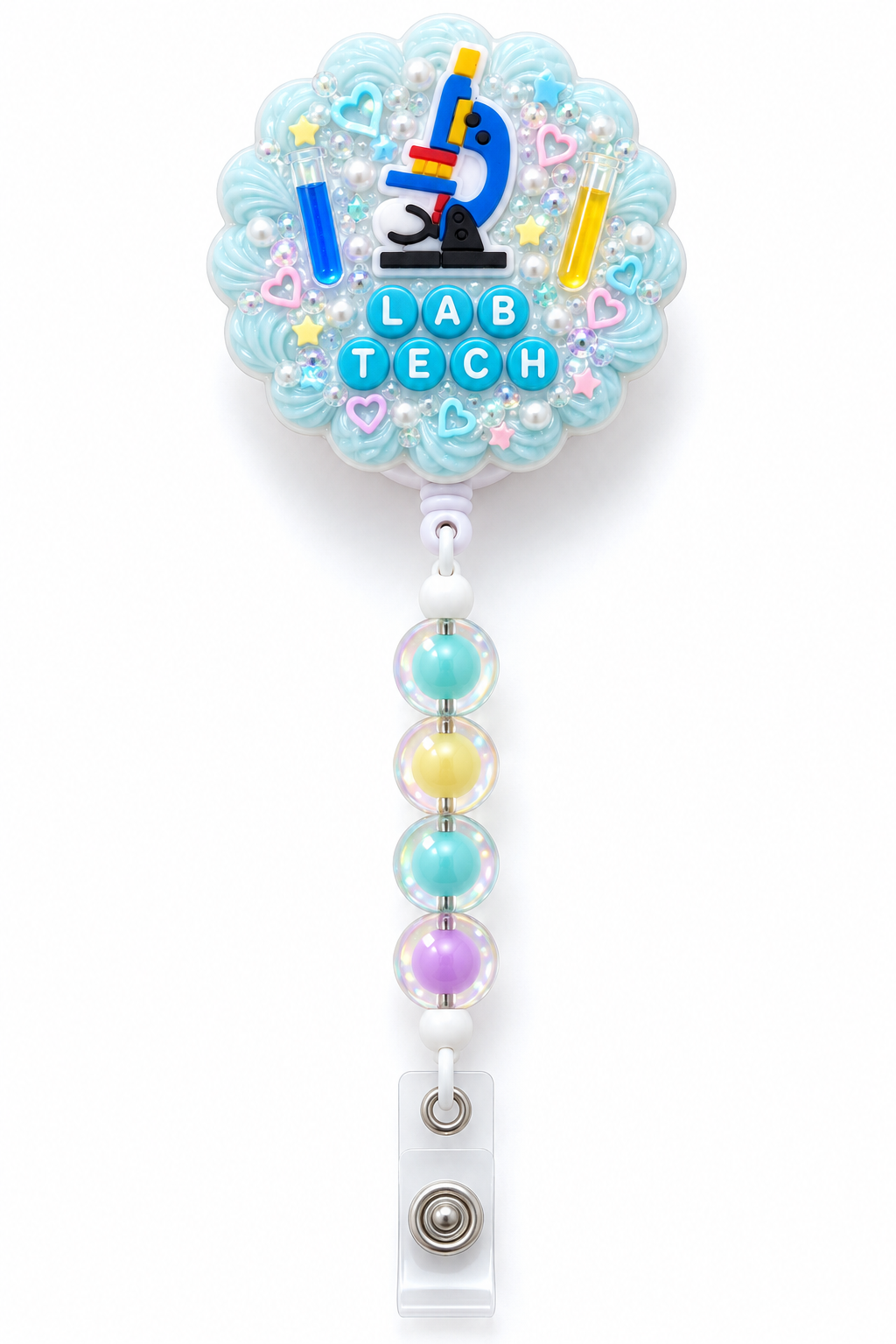 LAB TECH microscope badge reel with blue cream and pastel bubble beads