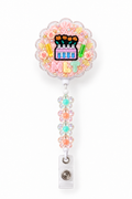 MLT floral test tube badge reel with pink cream and flower beads